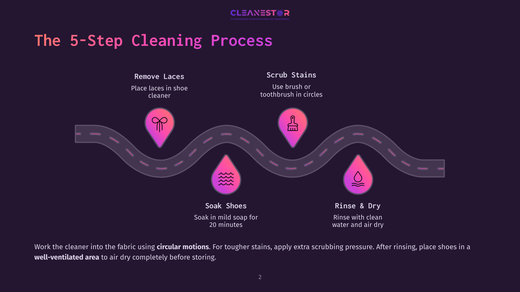 Infographic Illustrating The 5-Step Shoe Cleaning Process: Remove Laces, Scrub Stains, Soak Shoes, Rinse &Amp; Dry. The Steps Are Depicted With Icons And A Winding Road Graphic.