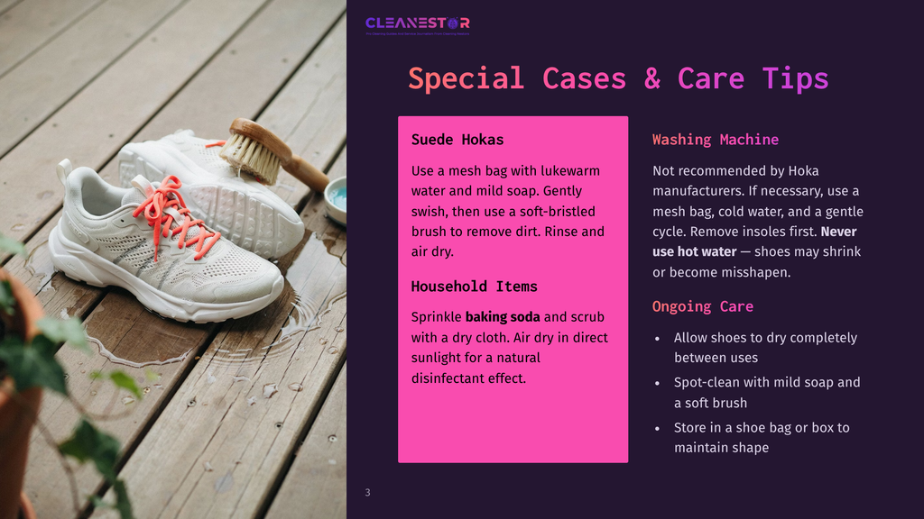 Cleanestor Guide To Cleaning Hoka Shoes, Showing A Pair Of White And Orange Hoka Sneakers On A Wooden Deck With A Brush And Cleaning Supplies.