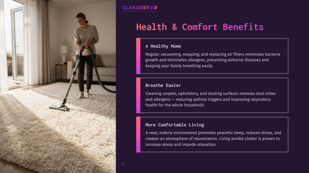 A Woman Vacuums A Plush, Cream-Colored Carpet In A Sunlit Living Room, With The Cleanestor Logo Visible On The Right Side Of The Image.