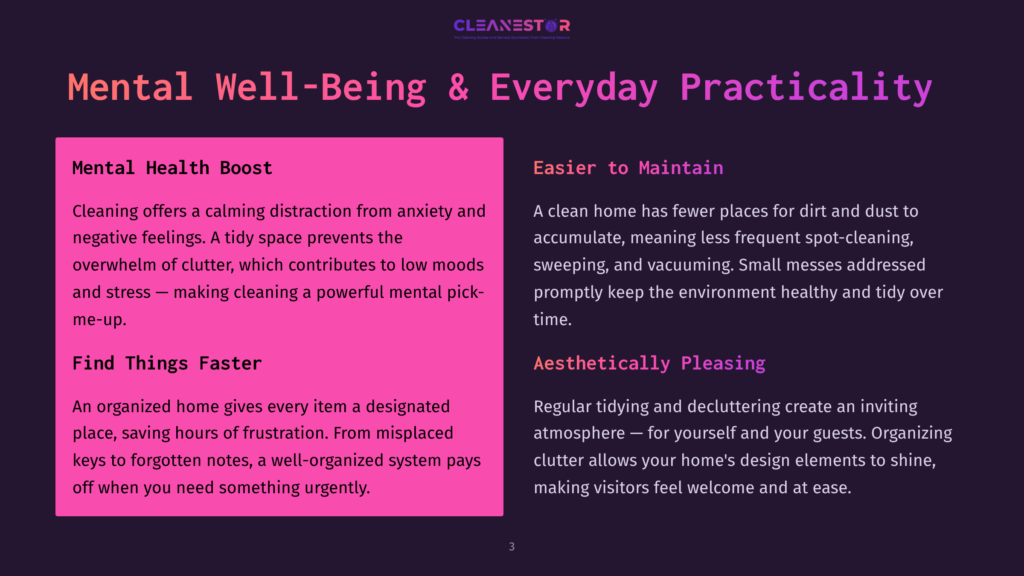 A Dark Purple Background Features The Text &Quot;Cleanestor&Quot; At The Top, Followed By &Quot;Mental Well-Being &Amp; Everyday Practicality&Quot; In Large White And Purple Text. Two Pink Boxes Contain Text Describing The Benefits Of Cleaning For Mental Health And Organization.