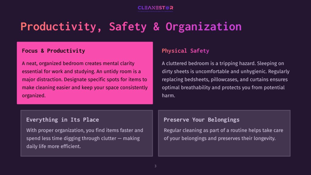A Presentation Slide Titled &Quot;Productivity, Safety &Amp; Organization&Quot; With Sections On &Quot;Focus &Amp; Productivity,&Quot; &Quot;Physical Safety,&Quot; &Quot;Everything In Its Place,&Quot; And &Quot;Preserve Your Belongings.