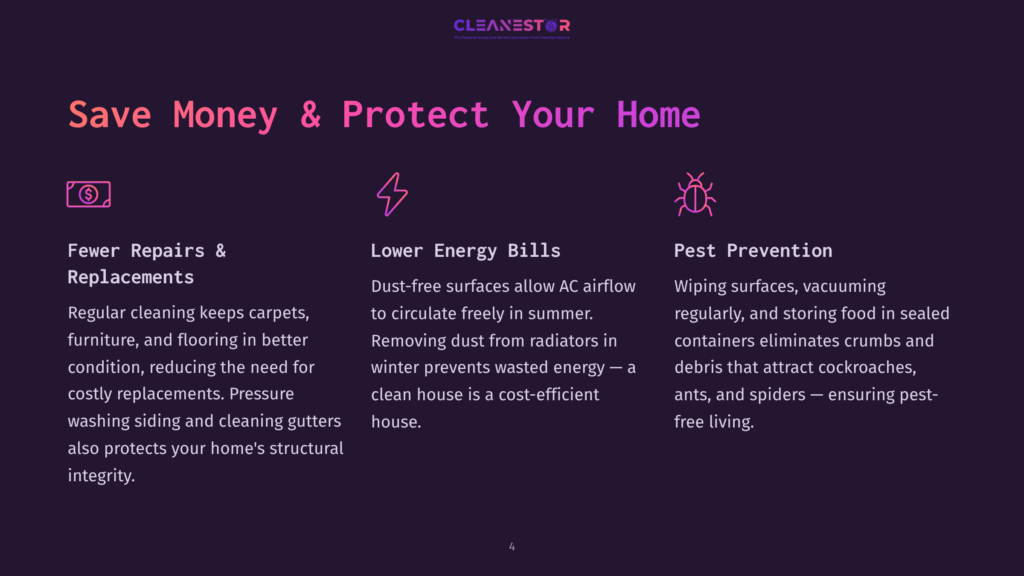 Infographic With Three Sections: &Quot;Fewer Repairs &Amp; Replacements,&Quot; &Quot;Lower Energy Bills,&Quot; And &Quot;Pest Prevention,&Quot; Each With An Icon And Descriptive Text About Home Maintenance And Savings.