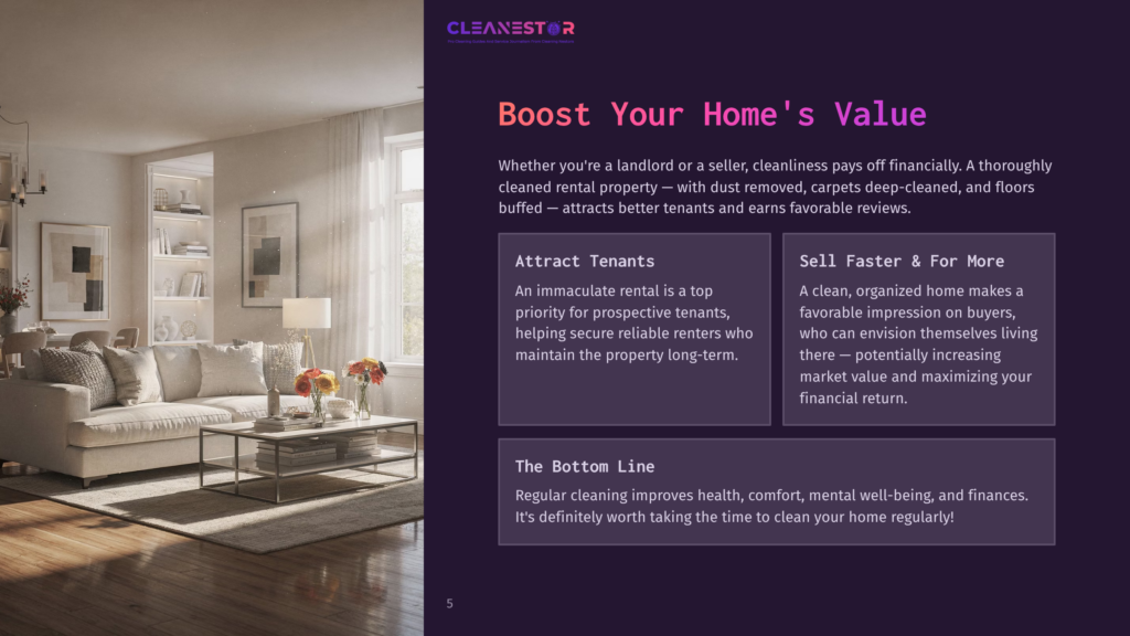 A Bright, Airy Living Room With A Large Sectional Sofa, Coffee Table, And Built-In Bookshelves. The Text &Quot;Cleanestor Boost Your Home'S Value&Quot; Is Visible.