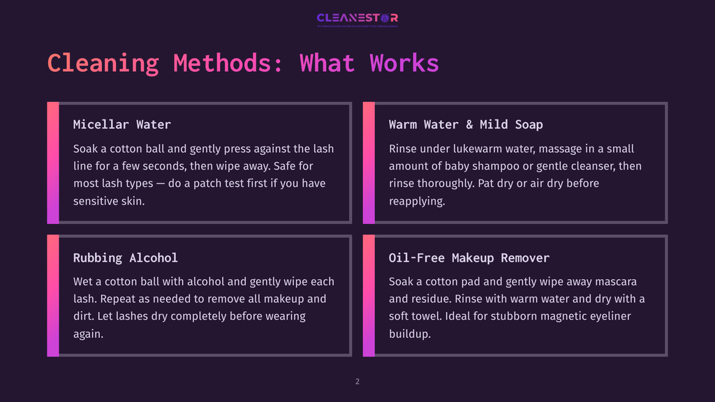 2 Cleaning Methods What Works Infographic Titled &Quot;Cleaning Methods: What Works&Quot; With Four Sections: Micellar Water, Warm Water &Amp; Mild Soap, Rubbing Alcohol, And Oil-Free Makeup Remover, Detailing Lash Cleaning Techniques.