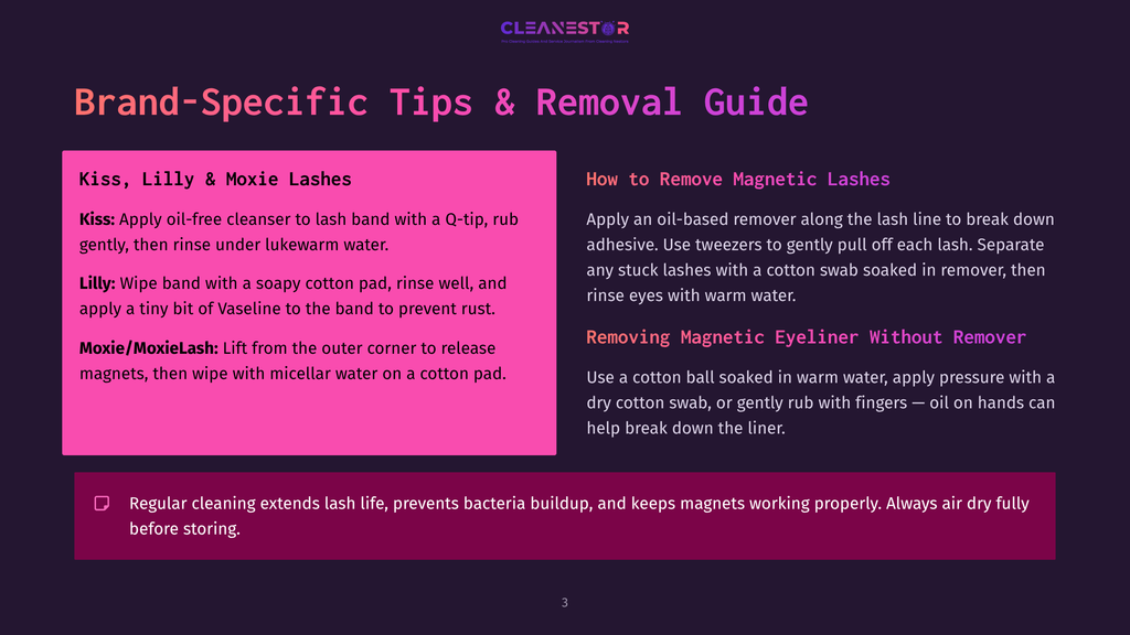 3 Brand Specific Tips And Removal Guide Brand-Specific Tips &Amp; Removal Guide For Kiss, Lilly, And Moxie Lash Brands, Detailing Application And Removal With Text And Graphics.