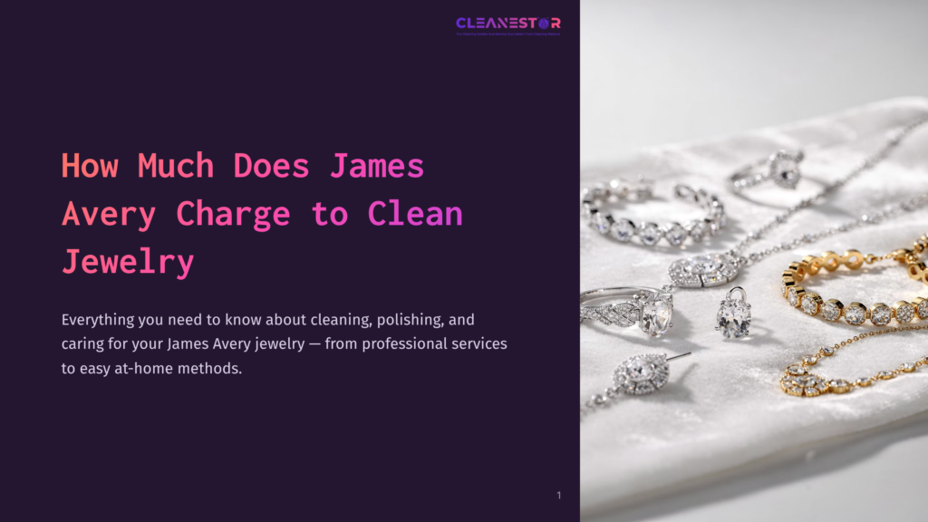 Close-Up Of Sparkling James Avery Jewelry, Including A Diamond Ring, Pendant Necklace, And Bracelet, Laid Out On A Soft White Velvet Surface. The Text &Quot;Cleanestar&Quot; Is Visible In The Top Right Corner.
