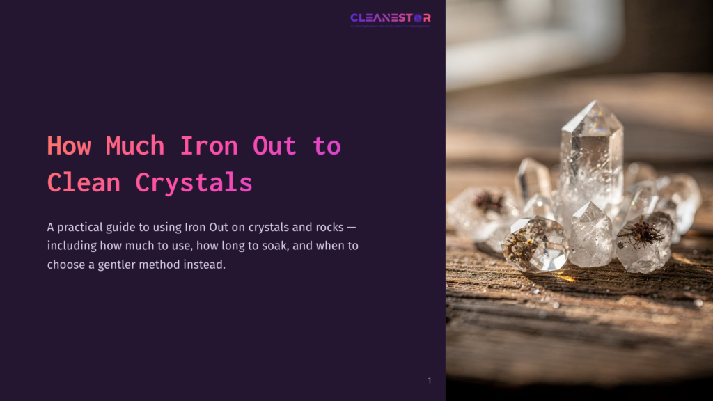 1 How Much Iron Out To Clean Crystals Several Clear Quartz Crystals With Inclusions Of Dark Material Sit On A Weathered Wooden Surface, With A Soft, Blurred Background.
