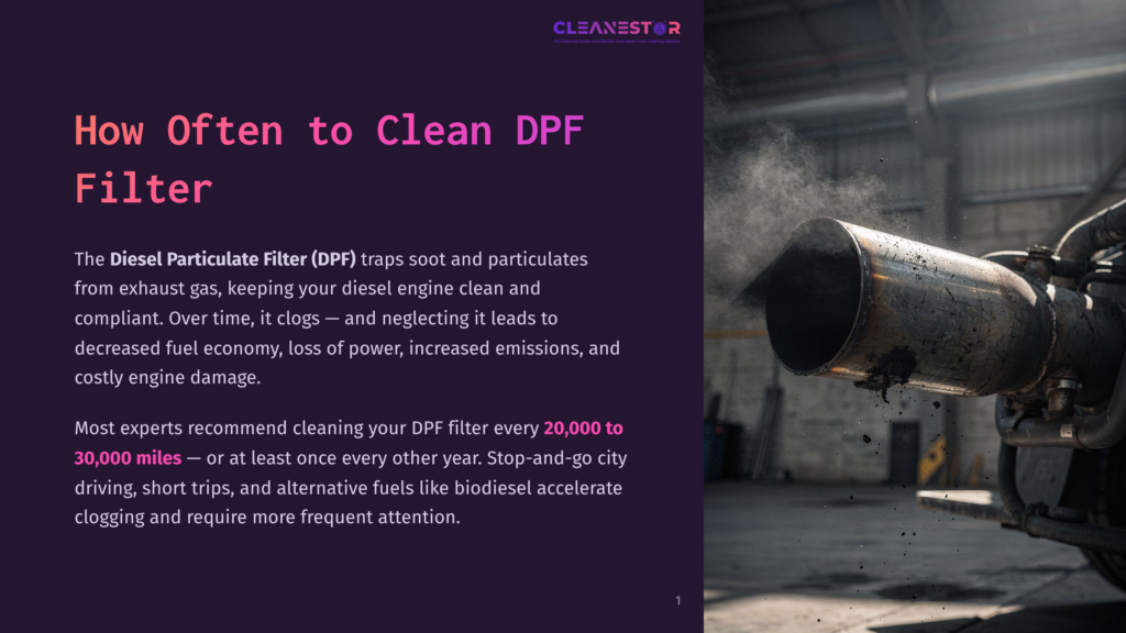 Exhaust Pipe Of A Diesel Truck Emitting Dark Smoke, With The Cleanestor Logo And Text About Dpf Filter Cleaning.