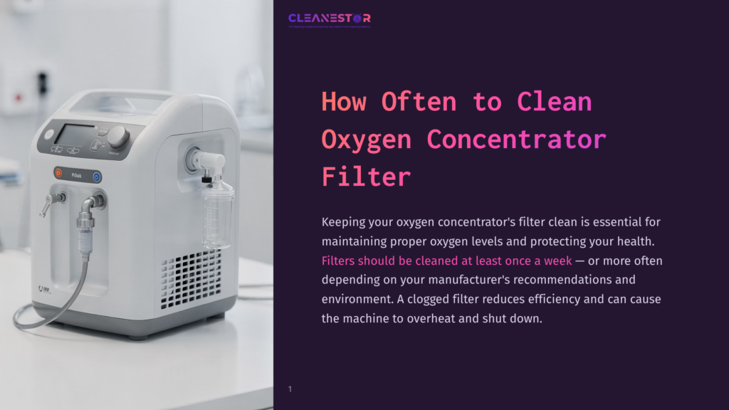 A White And Gray Portable Oxygen Concentrator Sits On A Clean, White Surface, With The &Quot;Cleanestor&Quot; Logo And &Quot;How Often To Clean Oxygen Concentrator Filter&Quot; Text Visible On The Right.