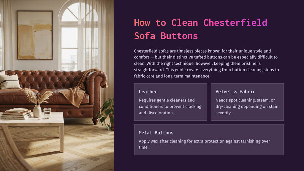 1 How To Clean Chesterfield Sofa Buttons A Luxurious Brown Leather Chesterfield Sofa With Deep Button Tufting Sits In A Sun-Drenched Living Room, Next To A Modern Coffee Table With Books And A Glass Of Water. Text Overlay: &Quot;How To Clean Chesterfield Sofa Buttons&Quot;.