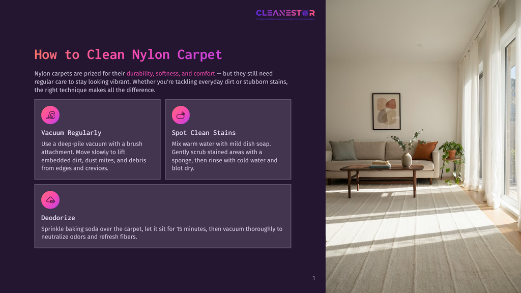 Bright, Sunlit Living Room With A Large, Neutral-Toned Rug And Modern Furniture. A Sofa, Armchair, And Plants Create A Cozy, Inviting Atmosphere. The Text Overlay Details How To Clean Nylon Carpet.