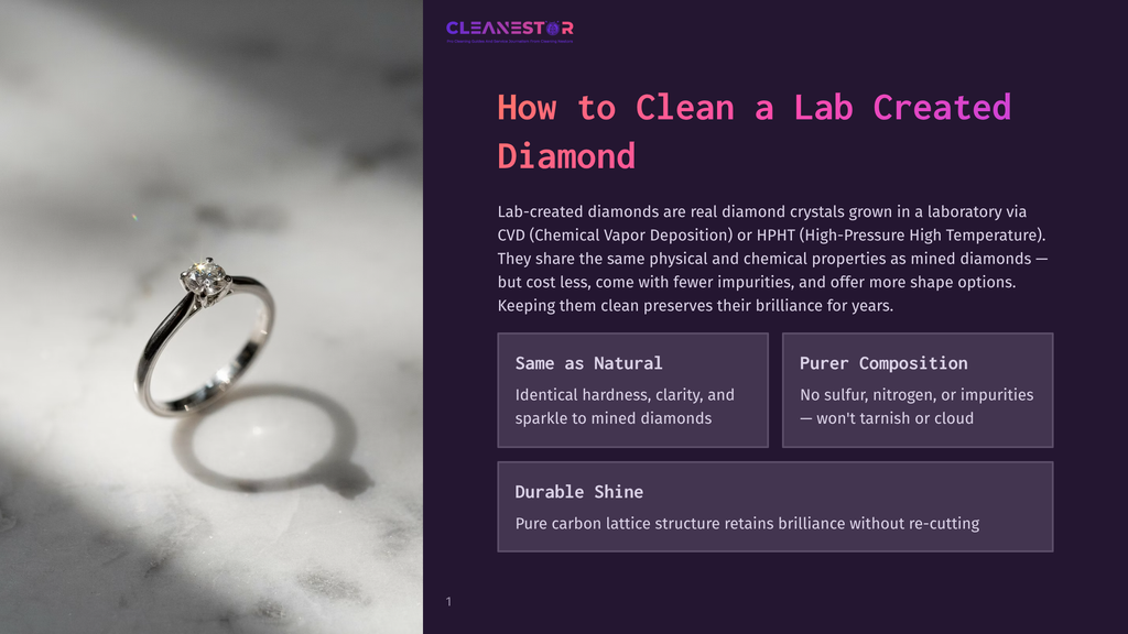 A Close-Up Of A Sparkling Diamond Engagement Ring On A Marble Surface, With The Text &Quot;Cleanestor How To Clean A Lab Created Diamond&Quot; Visible.