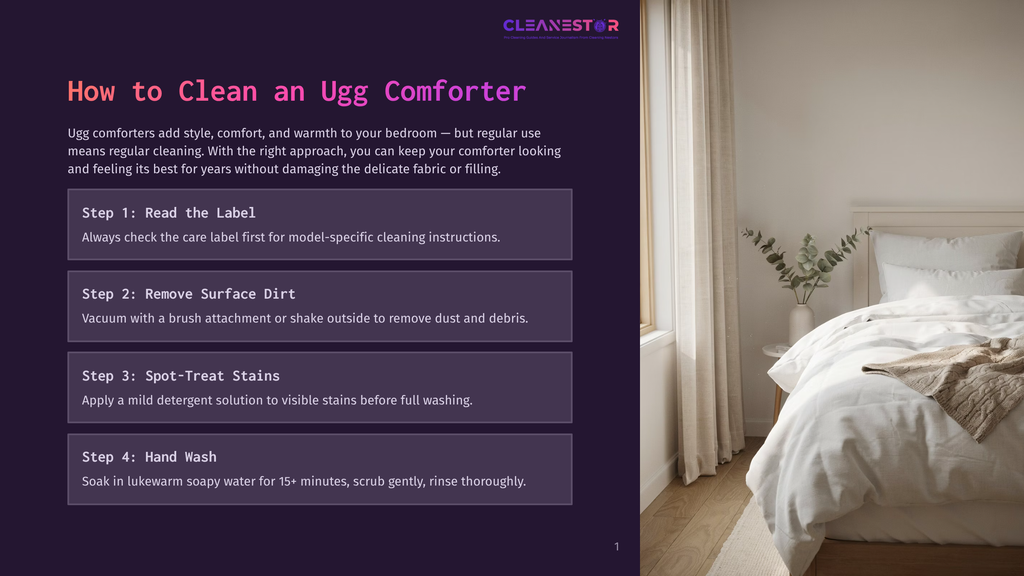 1 How To Clean An Ugg Comforter Cleanestor Graphic With Text &Quot;How To Clean An Ugg Comforter&Quot; And Steps Including &Quot;Read The Label,&Quot; &Quot;Remove Surface Dirt,&Quot; &Quot;Spot-Treat Stains,&Quot; And &Quot;Hand Wash.