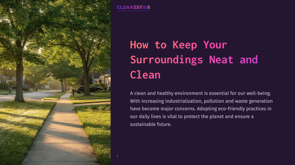Cleanestor Logo Above Text &Quot;How To Keep Your Surroundings Neat And Clean&Quot; On A Dark Purple Background, Next To An Image Of A Sunlit Suburban Street With A Sidewalk And Lush Green Trees.