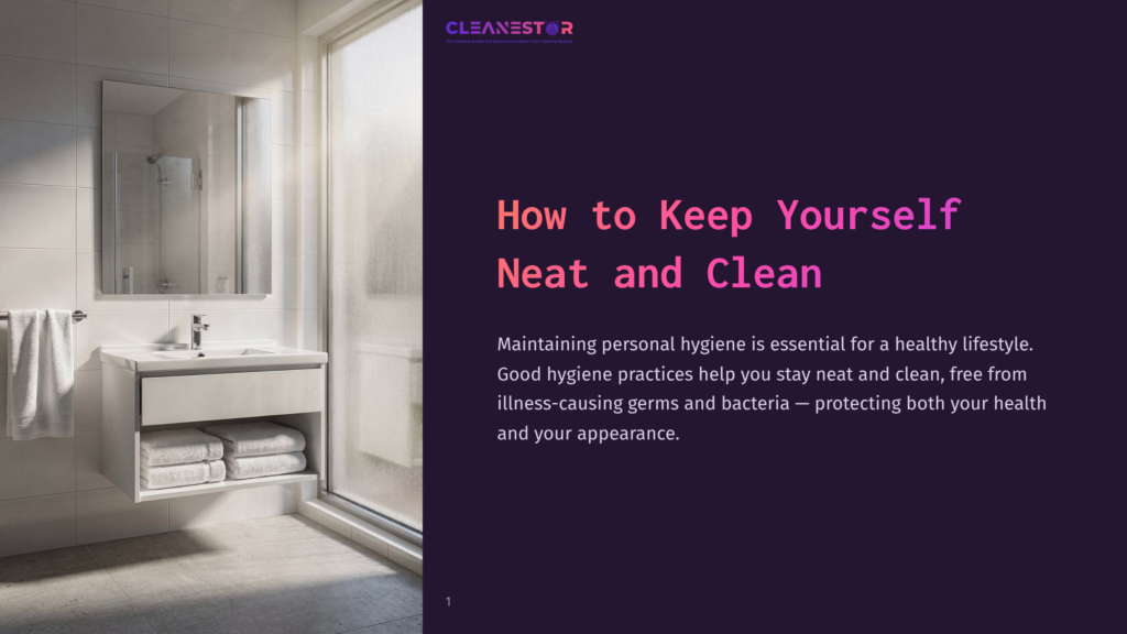 1 How To Keep Yourself Neat And Clean Cleanestor Logo And &Quot;How To Keep Yourself Neat And Clean&Quot; Text On A Dark Purple Background, With A Modern Bathroom Scene On The Left.