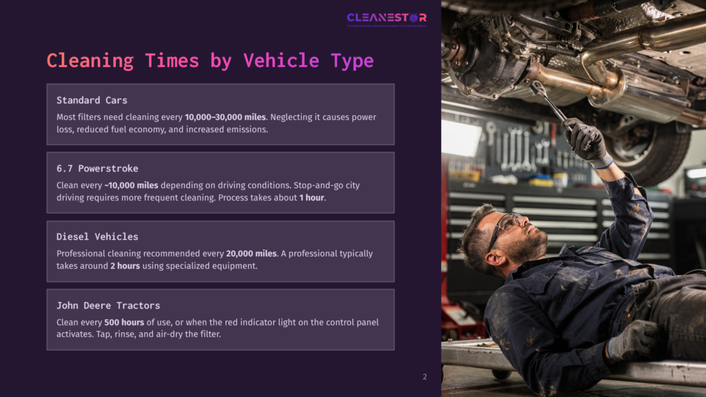 2 Cleaning Times By Vehicle Type Mechanic Wearing A Blue Shirt And Glasses Works On The Exhaust System Of A Car, Holding A Wrench. The Garage Is Filled With Tools And Car Parts.