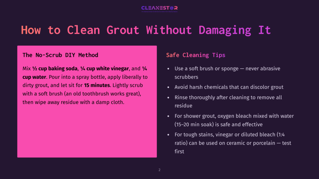 A Pink Rectangle With White Text Titled &Quot;The No-Scrub Diy Method&Quot; Details How To Clean Grout With Baking Soda, White Vinegar, And Water. The Text Also Explains How To Clean Grout Using A Spray Bottle And Soft Brush.