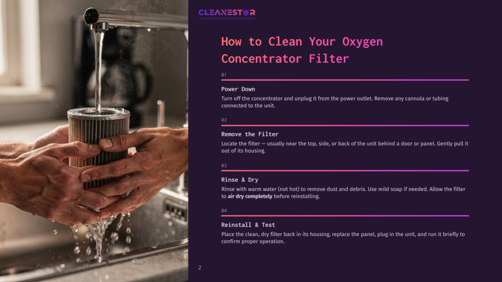 Hands Rinse A Cylindrical Air Filter Under Running Water, Part Of A Guide On How To Clean An Oxygen Concentrator Filter.