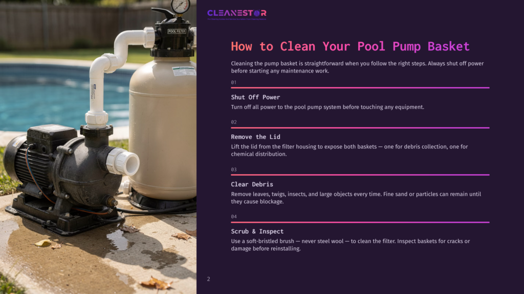 A Pool Pump And Filter System With A Clear Plastic Lid, Ready For Pool Pump Basket Cleaning. The Text &Quot;Cleanestor&Quot; And &Quot;Pool Filter&Quot; Is Visible.