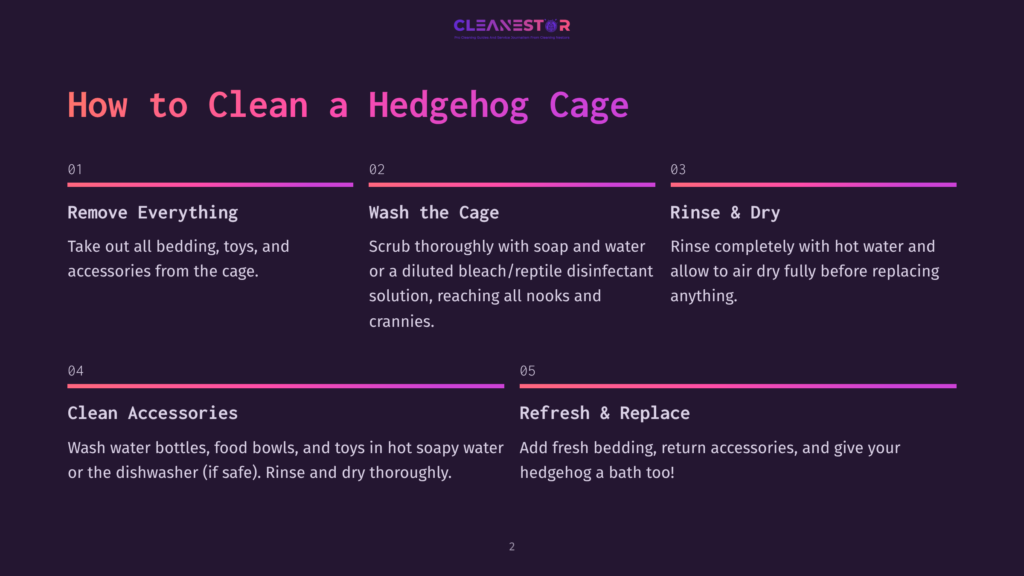 Infographic Titled &Quot;How To Clean A Hedgehog Cage&Quot; With Five Steps: Remove Everything, Wash The Cage, Rinse &Amp; Dry, Clean Accessories, And Refresh &Amp; Replace. The Steps Are Presented With Purple Dividing Lines On A Dark Background.