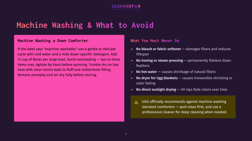 2 Machine Washing And What To Avoid A Slide Titled &Quot;Machine Washing &Amp; What To Avoid&Quot; Offers Guidance On Washing Down Comforters, With Text Detailing Proper Washing Techniques And A List Of &Quot;What You Must Never Do,&Quot; Including Avoiding Bleach, Hot Water, And Direct Sunlight.
