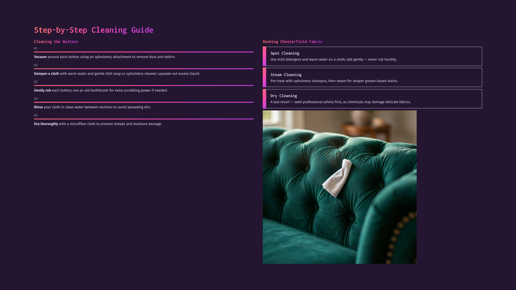 2 Step By Step Cleaning Guide Close-Up Of A Hand Gently Wiping A Dark Green Tufted Chesterfield Sofa With A White Microfiber Cloth, Illustrating Dry Cleaning.