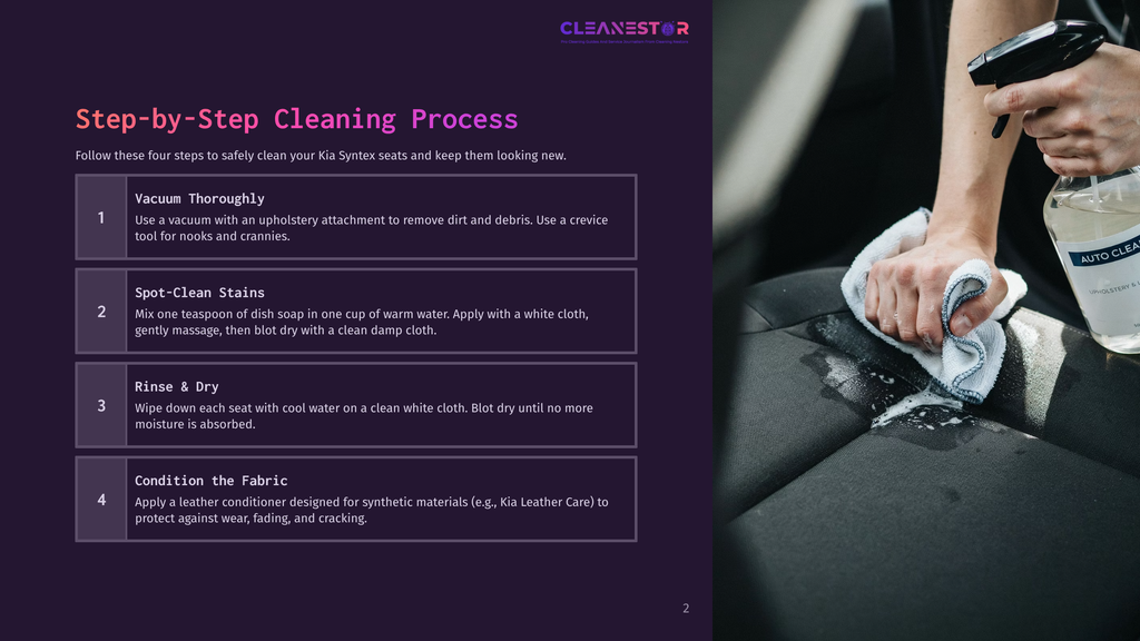 Close-Up Of A Hand Spraying An Automotive Interior Cleaner Onto A Car Seat With A White Microfiber Cloth. The Text On The Screen Reads &Quot;Cleanestor&Quot; And &Quot;Step-By-Step Cleaning Process&Quot;.