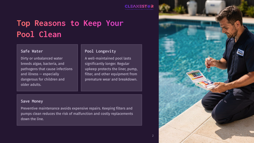 2 Top Reasons To Keep Your Pool Clean A Pool Service Technician In A Blue Uniform Tests Pool Water Chemistry With A Test Kit Next To A Sparkling Blue Swimming Pool. Text On The Left Side Discusses &Quot;Top Reasons To Keep Your Pool Clean.