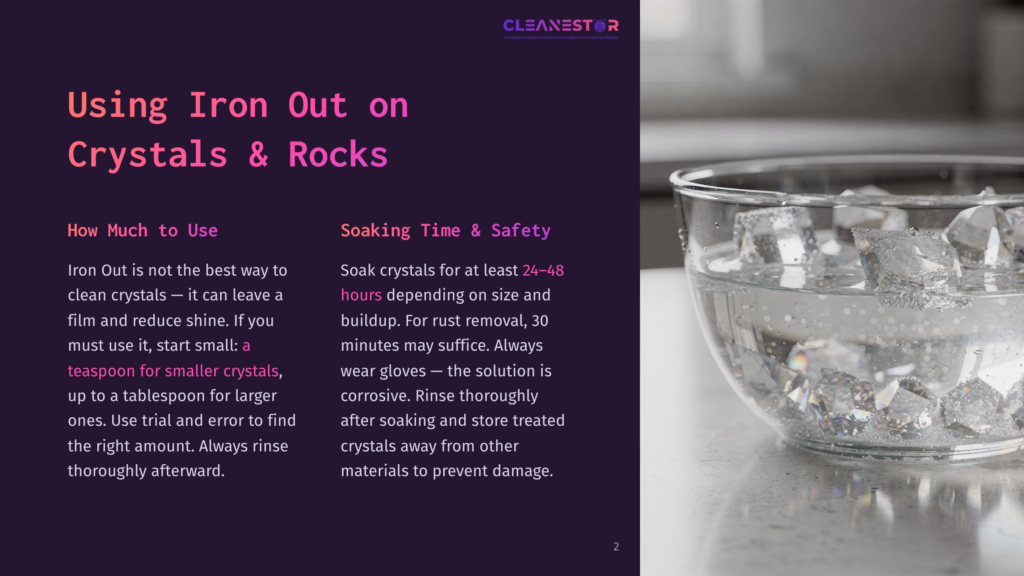 2 Using Iron Out On Crystals And Rocks Close-Up Of Clear Quartz Crystals Submerged In Water With Ice Cubes, On A Dark Background. Text Overlay Reads &Quot;Cleanestor&Quot;.