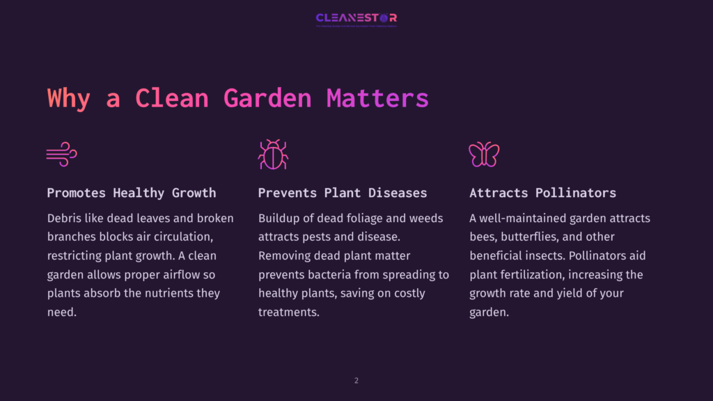 2 Why A Clean Garden Matters Why A Clean Garden Matters: Three Icons Representing A Healthy Plant, A Pest, And A Butterfly, With Text Explaining How Garden Cleanliness Promotes Growth, Prevents Diseases, And Attracts Pollinators.