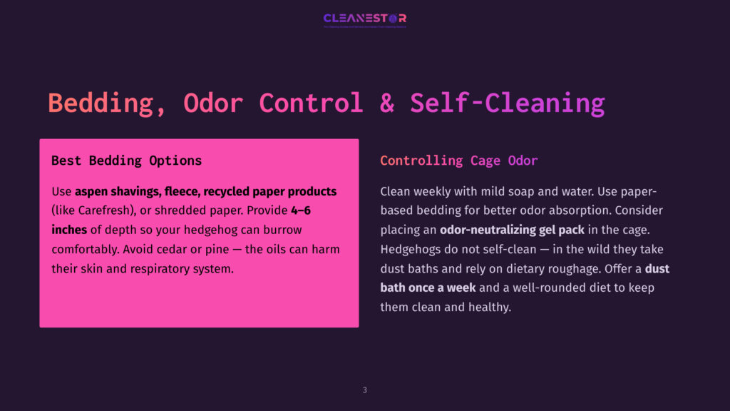 A Slide Titled &Quot;Bedding, Odor Control &Amp; Self-Cleaning&Quot; With Two Sections: &Quot;Best Bedding Options&Quot; Listing Aspen Shavings, Fleece, And Shredded Paper For Hedgehogs, And &Quot;Controlling Cage Odor&Quot; Recommending Weekly Cleaning And Dust Baths.