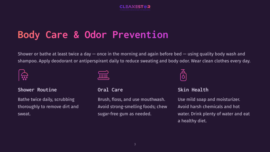 3 Body Care And Odor Prevention Cleanestor Logo And Text: &Quot;Body Care &Amp; Odor Prevention&Quot; With Icons For Shower, Oral Care, And Skin Health, And Advice On Hygiene Routines.