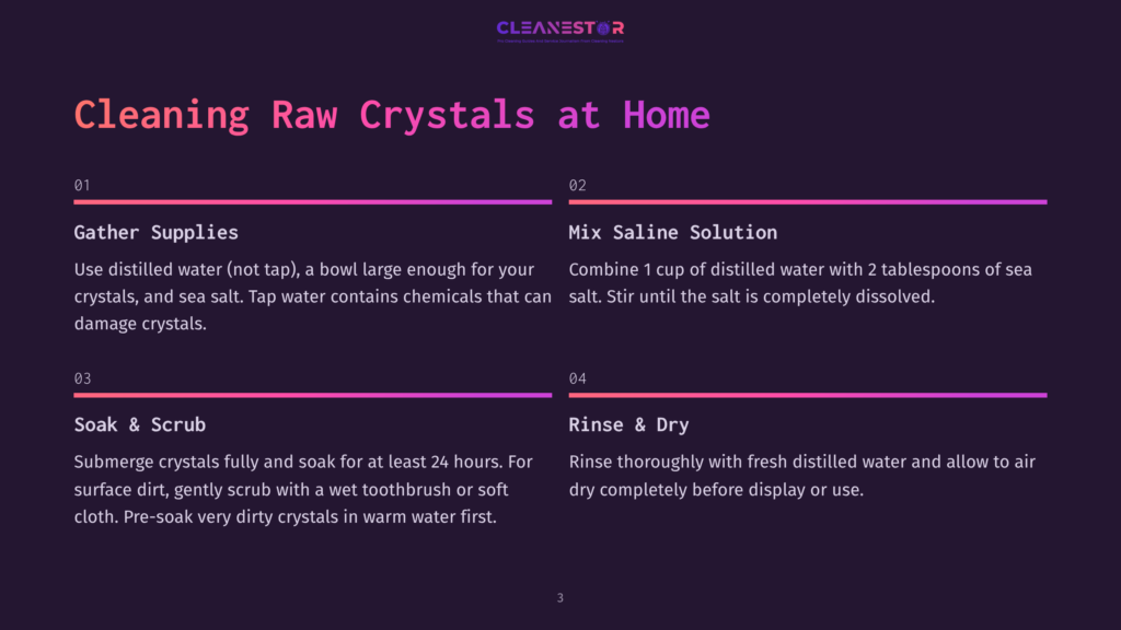 3 Cleaning Raw Crystals At Home Infographic Titled &Quot;Cleaning Raw Crystals At Home&Quot; With Steps Including Gathering Supplies, Mixing Saline Solution, Soaking And Scrubbing Crystals, And Rinsing. The Background Is Dark Purple With Neon Pink And Purple Accents.