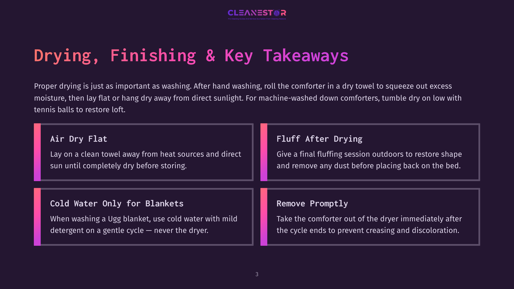 3 Drying Finishing And Key Takeaways Infographic With Text: &Quot;Drying, Finishing &Amp; Key Takeaways.&Quot; Sections Include &Quot;Air Dry Flat,&Quot; &Quot;Fluff After Drying,&Quot; &Quot;Cold Water Only For Blankets,&Quot; And &Quot;Remove Promptly,&Quot; With Tips For Drying Comforters And Blankets.