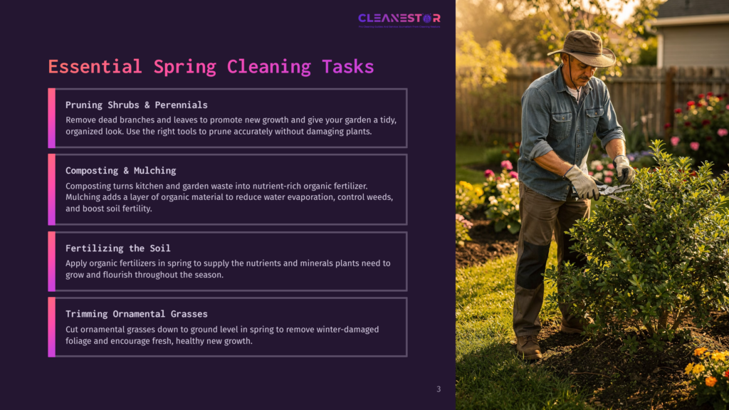 3 Essential Spring Cleaning Tasks Man In A Straw Hat And Denim Shirt Carefully Pruning A Lush Green Bush With Pruning Shears, With A Purple Overlay Listing Essential Spring Cleaning Tasks For Gardens.