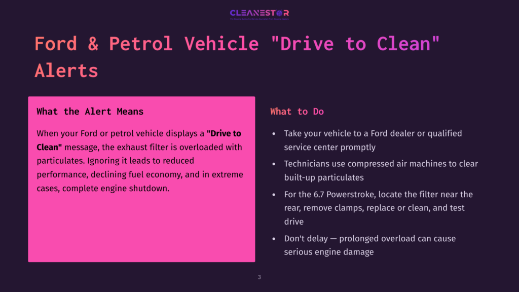 3 Ford And Petrol Vehicle Drive To Clean Alerts A Presentation Slide Titled &Quot;Ford &Amp; Petrol Vehicle 'Drive To Clean' Alerts&Quot; Displays Information About Alert Meanings And Recommended Actions. The Slide Features A Pink Box With Text Explaining The &Quot;Drive To Clean&Quot; Alert For Ford And Petrol Vehicles, And A White Box Detailing What To Do, Including Visiting A Dealer Or Qualified Service Center.
