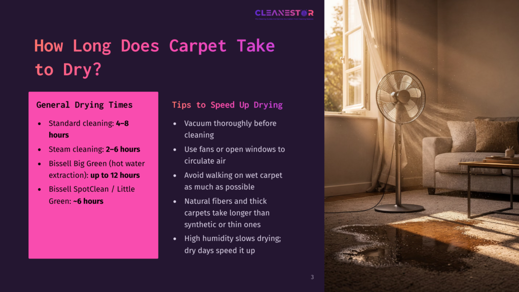 A Living Room With A Large Wet Spot On The Floor And A Powerful Fan Blowing Air. Text Overlay Reads &Quot;Cleanestor&Quot; And &Quot;How Long Does Carpet Take To Dry?&Quot;.