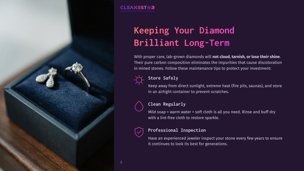 A Diamond Engagement Ring And Matching Earrings Rest In A Dark Blue Velvet Jewelry Box, With Text About Keeping Diamonds Brilliant.