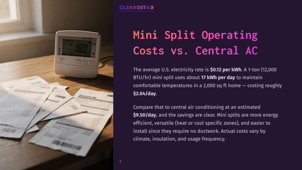 3 Mini Split Operating Costs Vs Central Ac A Mini-Split Ac Thermostat Displays 72 Degrees Fahrenheit, Resting On A Pile Of Electricity Bills. Text On The Right Discusses Mini-Split Operating Costs Vs. Central Ac.