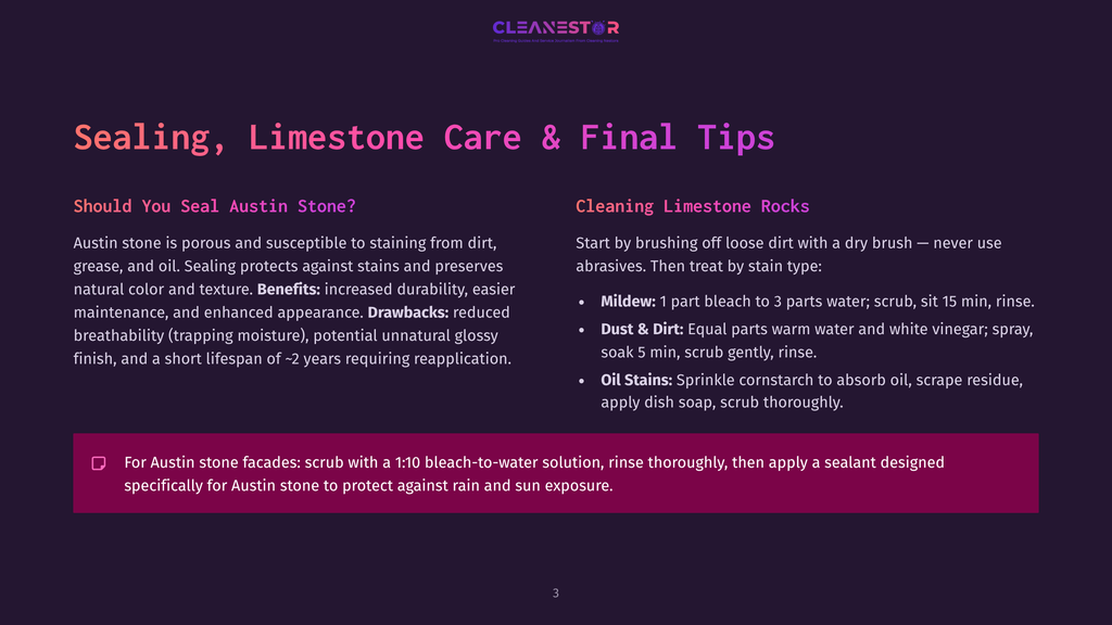 A Dark Background With The Title &Quot;Sealing, Limestone Care &Amp; Final Tips&Quot; In Large, Bold Purple Text. Below, Bullet Points Offer Cleaning Advice For Limestone, Including &Quot;Mildew: 1 Part Bleach To 3 Parts Water&Quot; And &Quot;Dust &Amp; Dirt: Equal Parts Warm Water And White Vinegar.