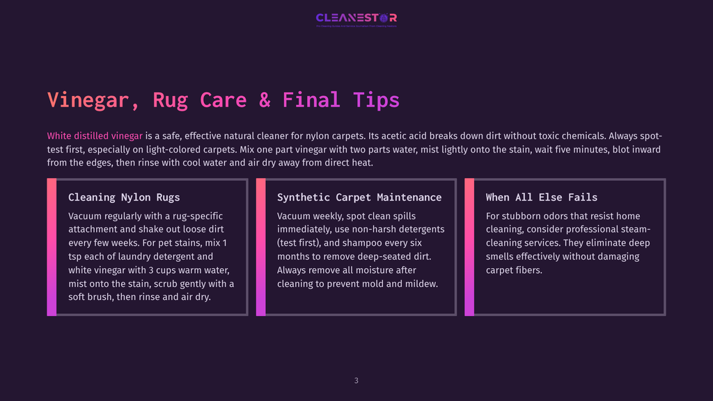 Three Sections On A Dark Background With Purple Text About Rug Care. The First Section Is Titled &Quot;Cleaning Nylon Rugs,&Quot; The Second &Quot;Synthetic Carpet Maintenance,&Quot; And The Third &Quot;When All Else Fails.