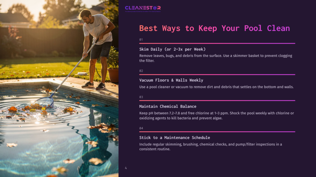 4 Best Ways To Keep Your Pool Clean Man With A Pool Skimmer Net Removing Fallen Leaves From A Sparkling Blue Swimming Pool On A Sunny Day.