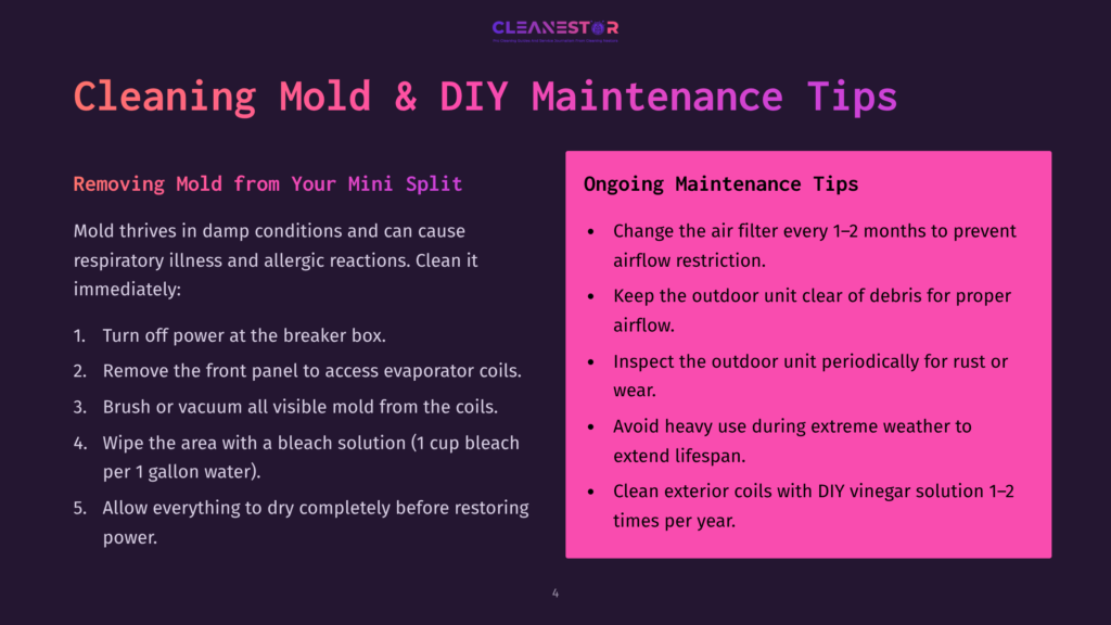 4 Cleaning Mold And Diy Maintenance Tips Cleanestor Diy Guide To Cleaning Mold And Diy Maintenance Tips For Mini-Split Ac Units. Includes Steps For Cleaning And Ongoing Maintenance Advice.
