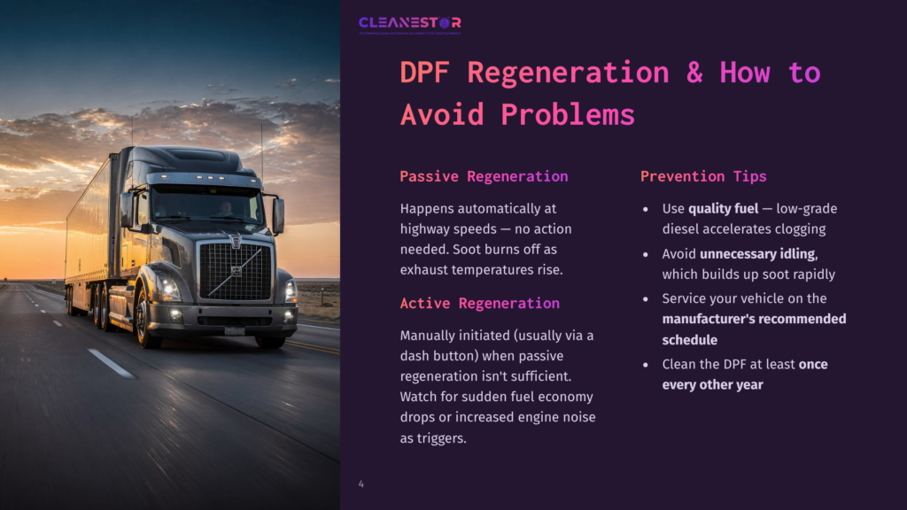 A Semi-Truck Drives Down A Highway At Sunset, With The Cleanestor Logo And Dpf Regeneration Information Visible On The Right.