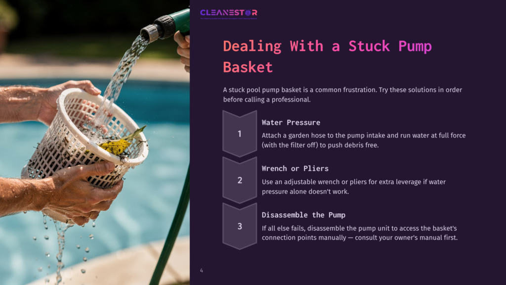 A Person'S Hands Hold A White Pool Pump Basket Filled With Debris, While Water From A Hose Rinses It Out. Text Overlay Reads &Quot;Dealing With A Stuck Pump Basket.