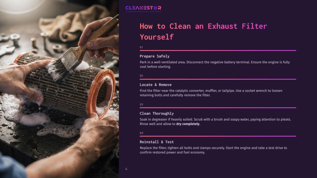 4 How To Clean An Exhaust Filter Yourself Close-Up Of Hands Cleaning An Exhaust Filter With A Brush And Soapy Water, Showing The Filter'S Pleats And Orange Rubber Seal. Text Overlay Reads &Quot;Cleanestor How To Clean An Exhaust Filter Yourself&Quot;.