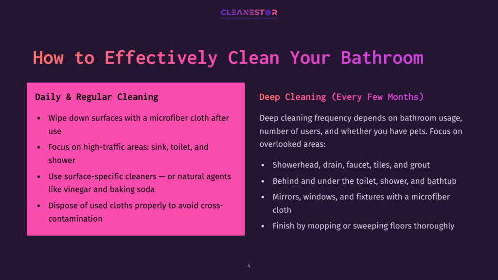 Infographic Detailing Bathroom Cleaning Tips: &Quot;How To Effectively Clean Your Bathroom&Quot; With Sections On Daily &Amp; Regular Cleaning And Deep Cleaning, Including Bullet Points For Tasks And Frequency.