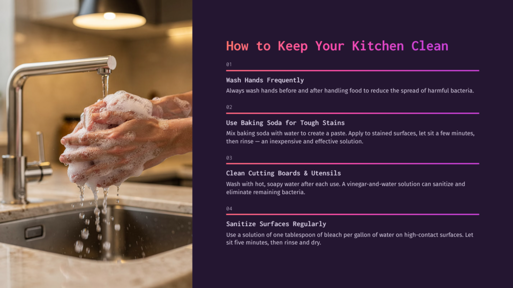 Hands Being Washed With Copious Amounts Of Soap And Water Under A Kitchen Faucet, Illustrating How To Keep Your Kitchen Clean.