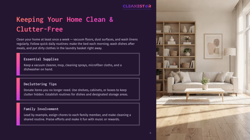4 Keeping Your Home Clean And Clutter Free A Bright, Modern Living Room With A Large Sofa, Coffee Table, And Bookshelves Filled With Books. Sunlight Streams In From A Large Window.