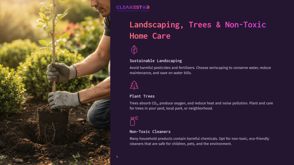 A Person In Gardening Gloves Plants A Small Tree In Rich, Dark Soil, Surrounded By Lush Green Foliage. Text Reads: &Quot;Cleanestor. Landscaping, Trees &Amp; Non-Toxic Home Care.
